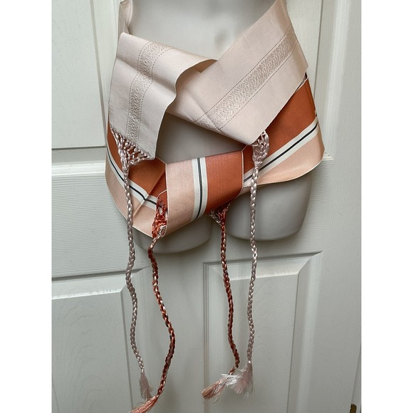 Vintage Japanese Obi Tie Waist Fabric Belt Peach Orange Stripes 40 Inches Spring - Picture 2 of 13